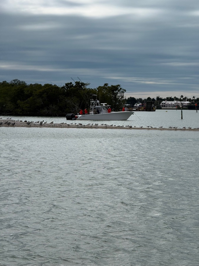 A Sand Dollar fishing charter boat with rods up parked on a sandbar with shorebirds near Marco Island, Florida