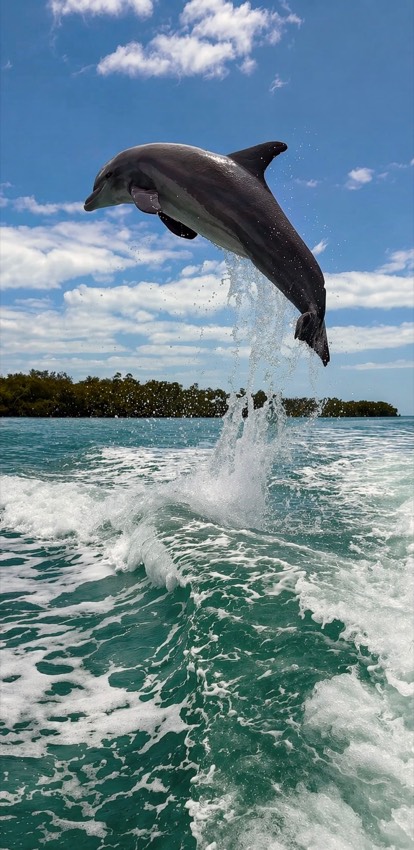Wild bottlenose dolphin in a full vertical leap against blue sky on a Sand Dollar dolphin tour near Marco Island, Florida