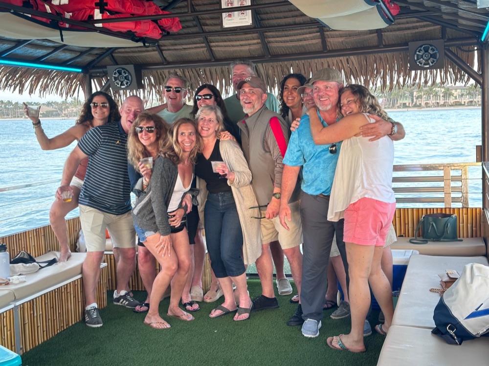 The wide open thatched-roof deck of the Sand Dollar Tiki Time boat near Marco Island, Florida